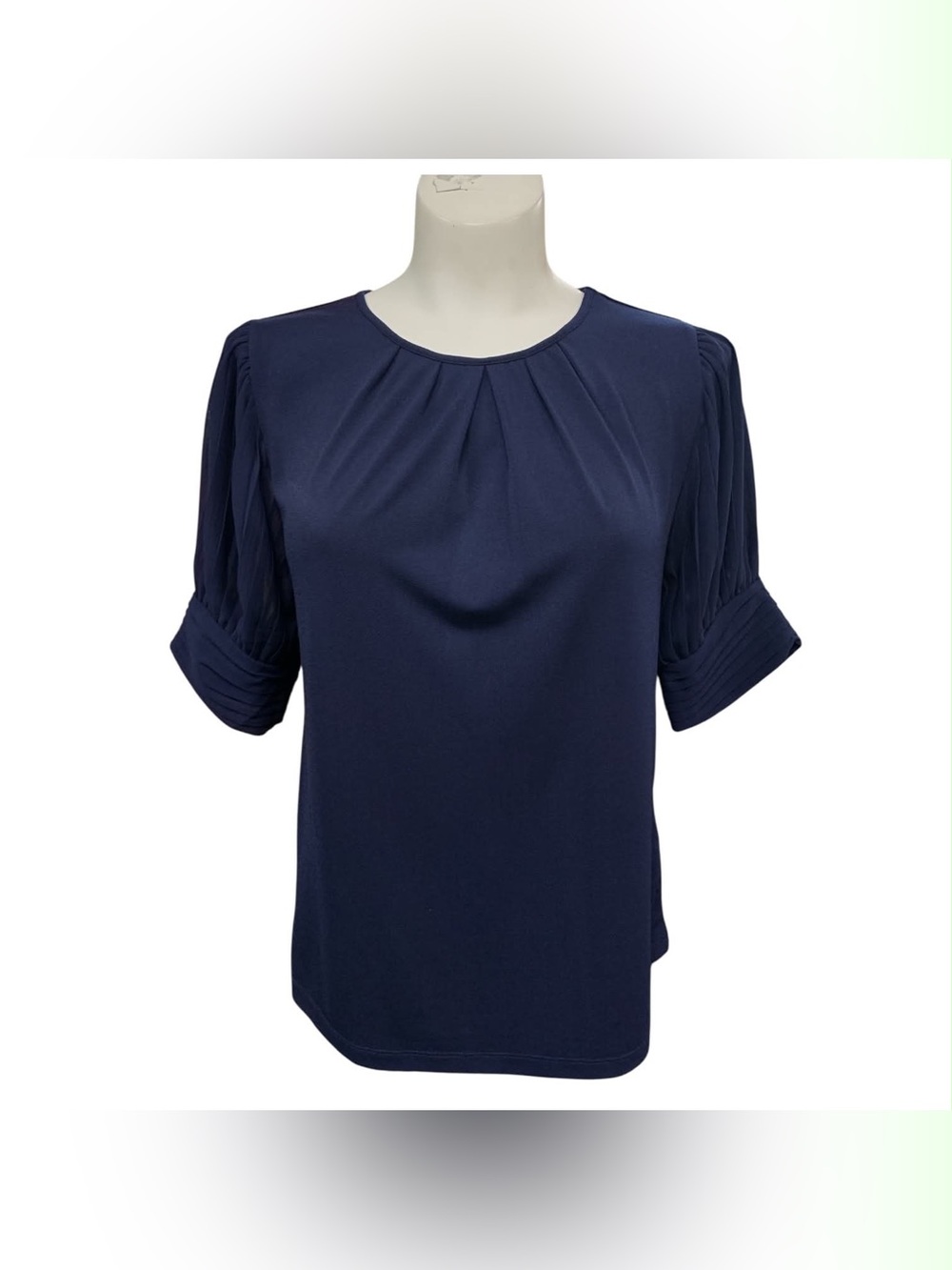 Cable & Gauge Navy Short-Sleeve Pleated Neck Top Size S